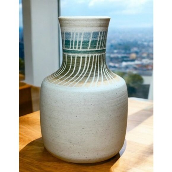 Art Pottery Vase Neutral Abstract Zen Minimalist MCM Blue Green Gold 5.25” - Picture 1 of 10